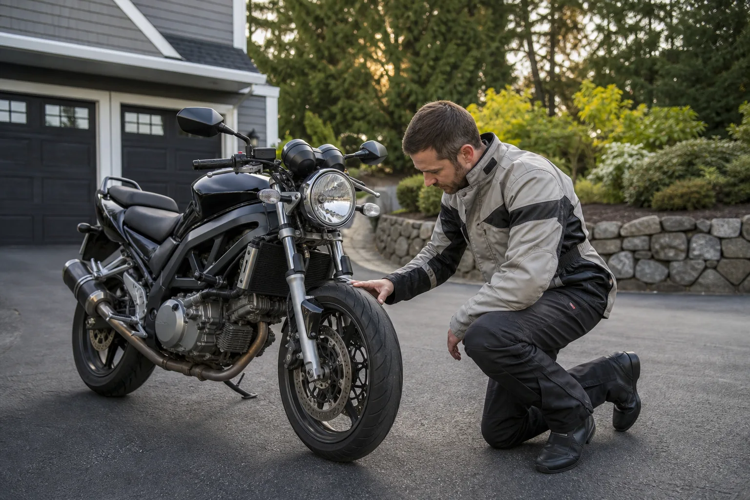 Rider visually checking a parked motorcycle before a ride.
