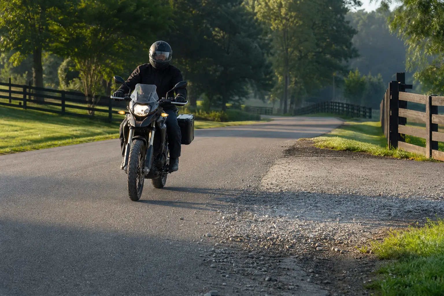 Motorcyclist approaching a small loose-gravel patch on a paved rural road.