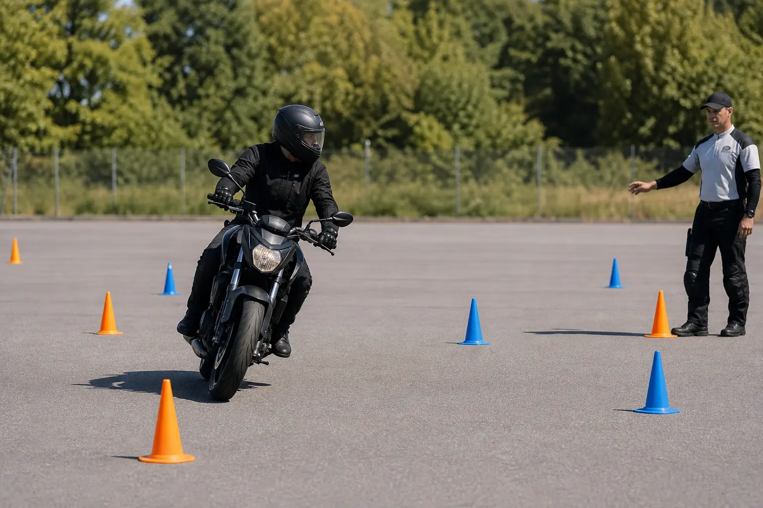 Motorcyclist practicing controlled riding skills in a supervised paved training area.